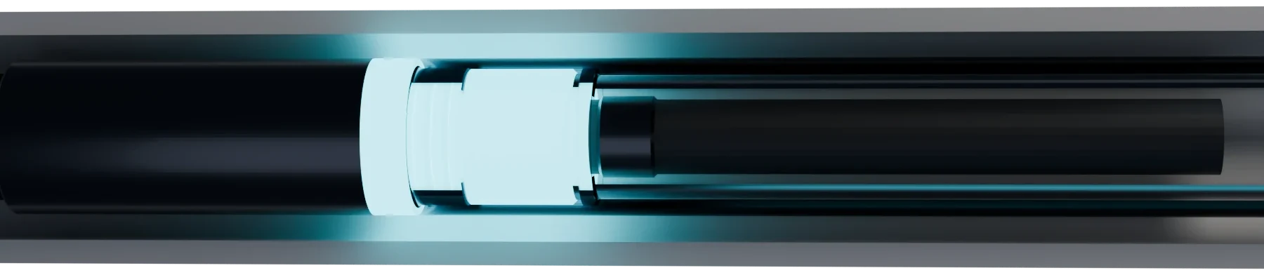 The WellFi tool deployed inside production tubing, with the housing ghosted to reveal the electromagnetic isolator collar and the internal sensor package.